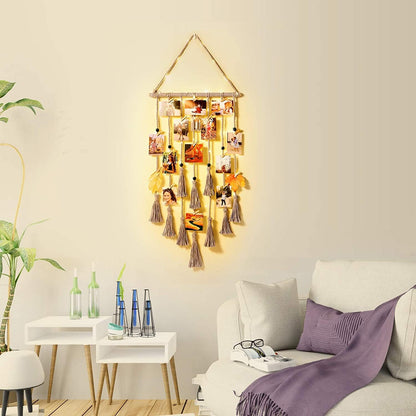 Hanging Photo Display Wall Decor, Macrame Wall Hanging Boho Room Bedroom Decor, Picture Frame Collage Board with Light 30 Clip, Christmas Gifts