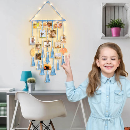 Hanging Photo Display Wall Decor, Macrame Wall Hanging Boho Room Bedroom Decor, Picture Frame Collage Board with Light 30 Clip, Christmas Gifts