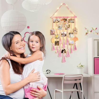 Hanging Photo Display Wall Decor, Macrame Wall Hanging Boho Room Bedroom Decor, Picture Frame Collage Board with Light 30 Clip, Christmas Gifts