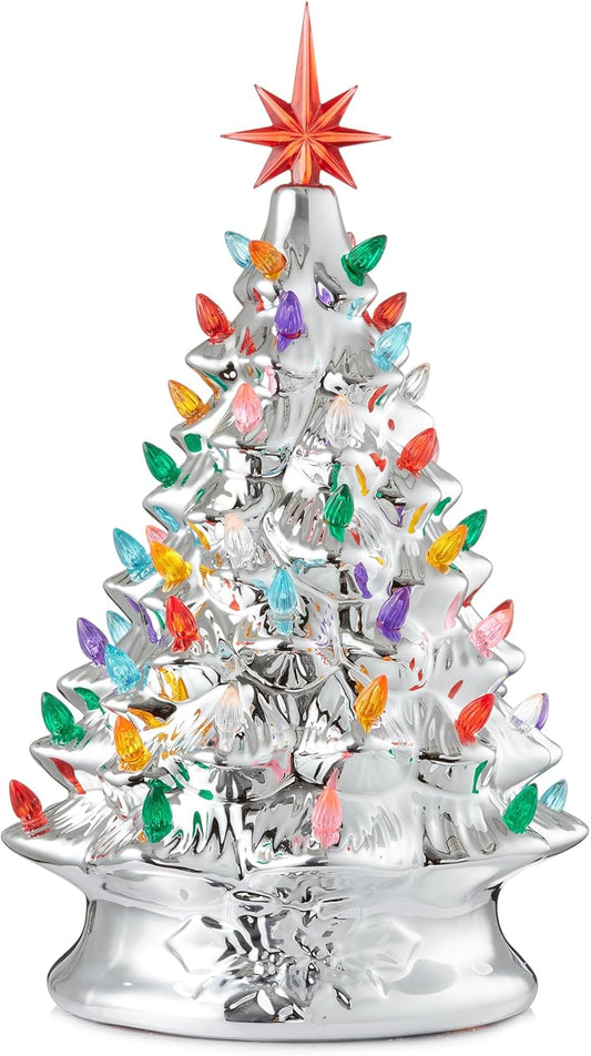 Hand Painted Ceramic Christmas Tree, Pink 15-Inch Pre-Lit Tree with 128 Multi Color Lights and 2 Star Toppers