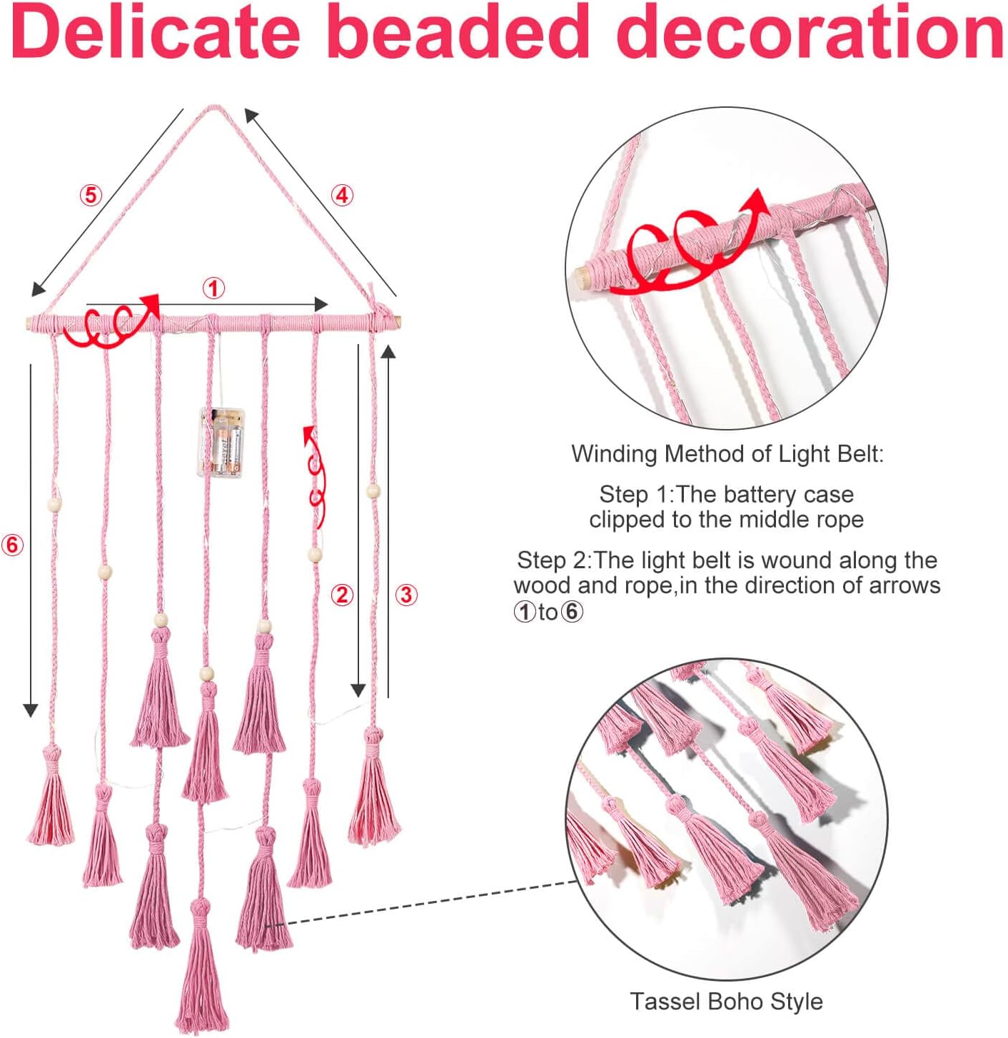 Hanging Photo Display Wall Decor, Macrame Wall Hanging Boho Room Bedroom Decor, Picture Frame Collage Board with Light 30 Clip, Christmas Gifts