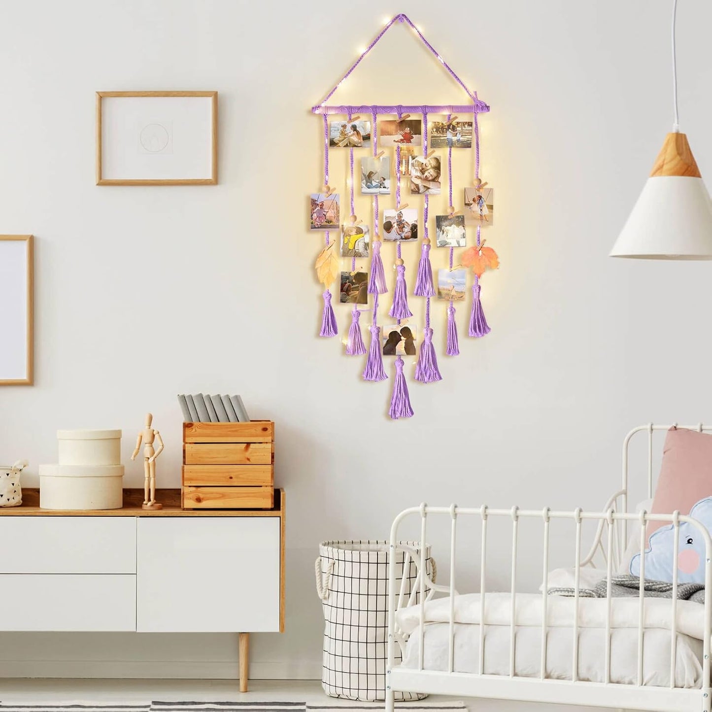 Hanging Photo Display Wall Decor, Macrame Wall Hanging Boho Room Bedroom Decor, Picture Frame Collage Board with Light 30 Clip, Christmas Gifts