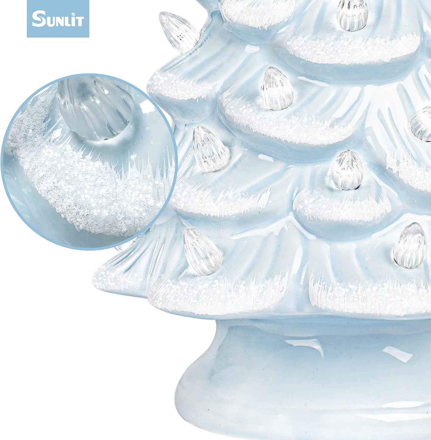 Cordless Lighted Glitter Ceramic Christmas Tree Vintage Tabletop Christmas Decoration Pre-Lit Colorful Mini Light Bulbs 13'' Traditional AA Battery Operated LED - White and Light Blue