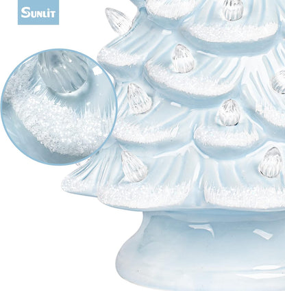 Cordless Lighted Glitter Ceramic Christmas Tree Vintage Tabletop Christmas Decoration Pre-Lit Colorful Mini Light Bulbs 13'' Traditional AA Battery Operated LED - White and Light Blue