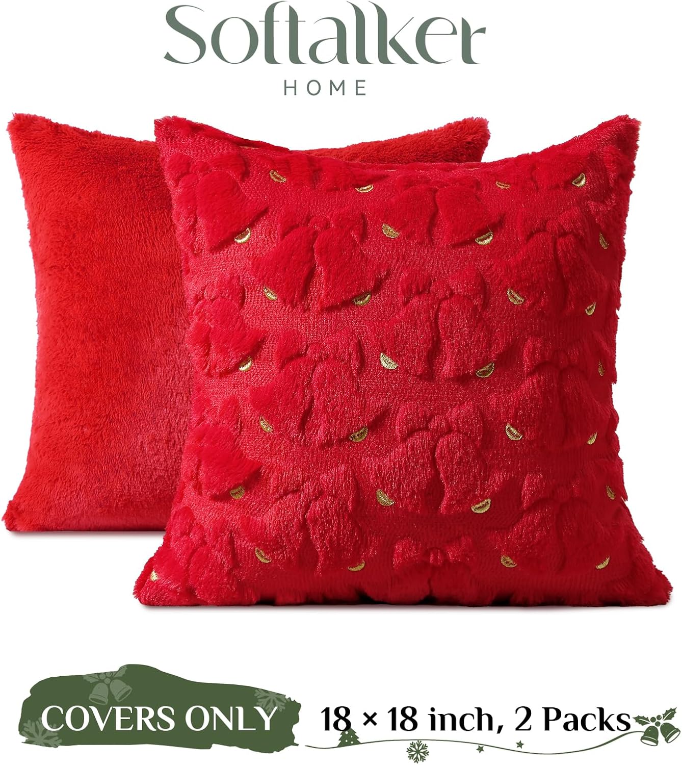 Christmas Throw Pillow Covers Xmas Winter Christmas Tree Faux Fur Cushion Covers, 3D Embroidered Pillow Cases