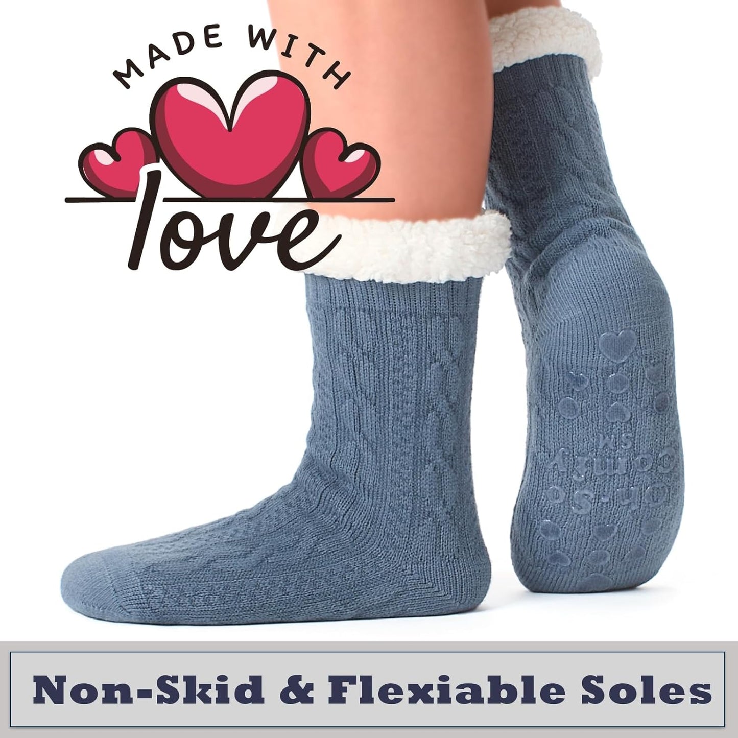 Women's Fuzzy Slipper Socks with Non-Slip Grippers, Cozy Fluffy Sherpa Lined, Cute Christmas Gifts
