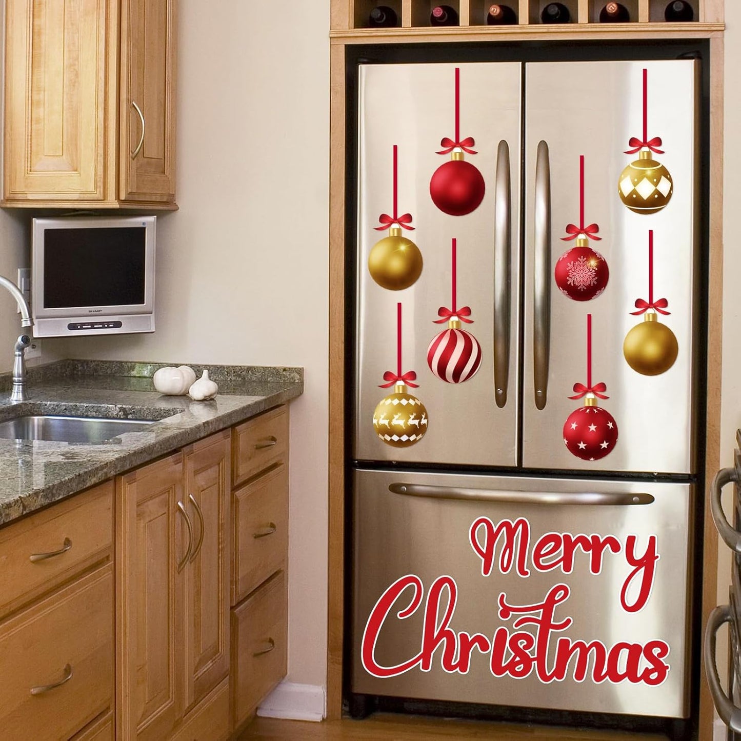 90shine 32PCS Christmas Garage Door Decorations Magnets - Merry Xmas Ball Holiday Refrigerator Fridge Kitchen Decor(Red, Silver)