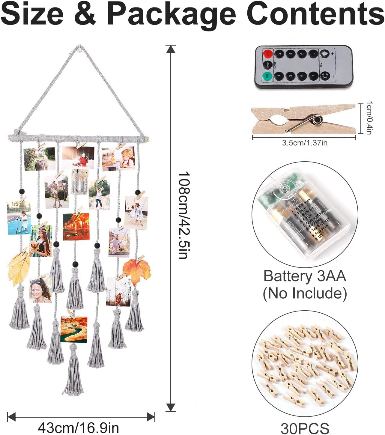 Hanging Photo Display Wall Decor, Macrame Wall Hanging Boho Room Bedroom Decor, Picture Frame Collage Board with Light 30 Clip, Christmas Gifts