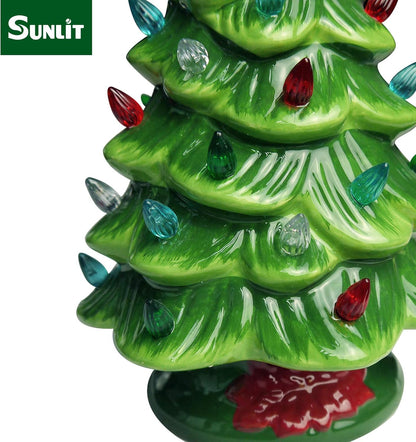 Cordless Lighted Glitter Ceramic Christmas Tree Vintage Tabletop Christmas Decoration Pre-Lit Colorful Mini Light Bulbs 13'' Traditional AA Battery Operated LED - White and Light Blue