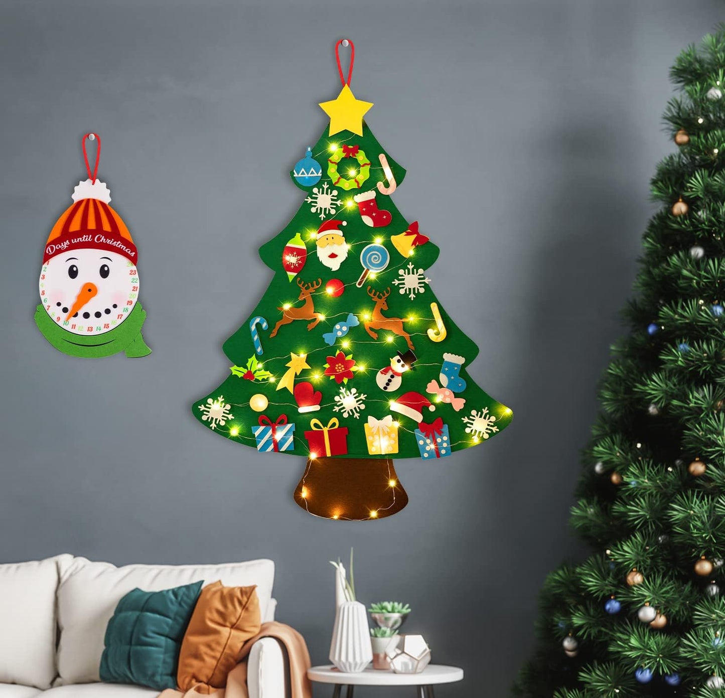 3ft DIY Felt Christmas Tree Set + Snowman Advent Calendar - Xmas Decorations Wall Hanging 33 Ornaments Kids Gifts Party Supplies