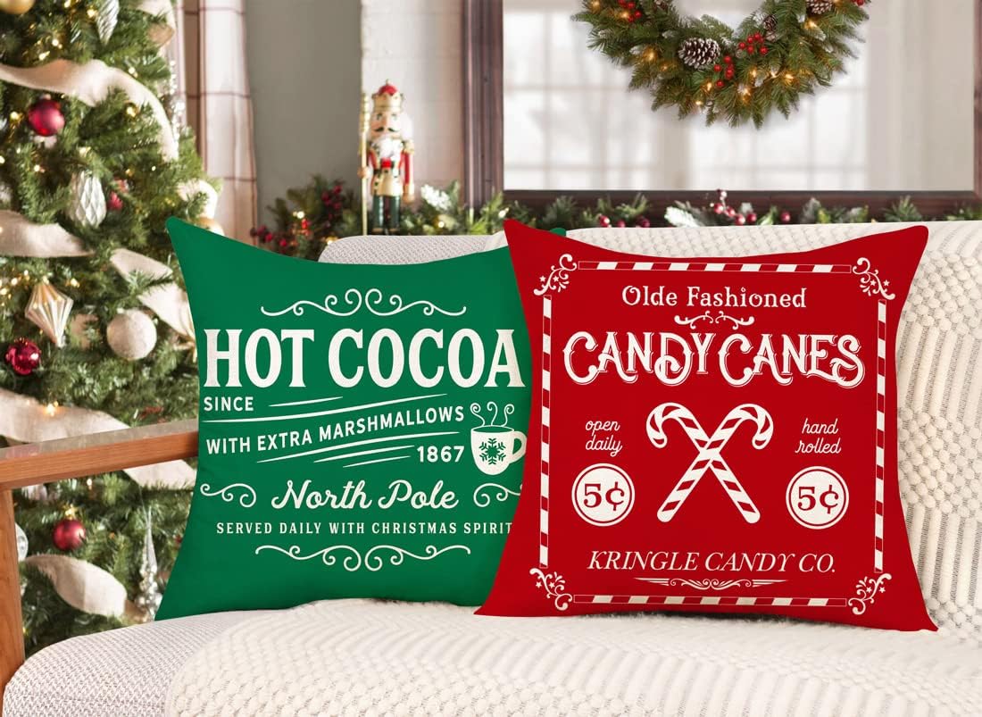 Farmhouse Christmas Pillow Covers 18x18 Set of 4 Winter Holiday Decorations Xmas Rustic Throw Cushion Case for Sofa Couch Home Decor (Sleigh Rides, Farm Fresh Tree, Cocoa, Candy Canes)