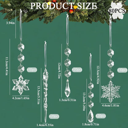 18pcs Christmas Tree Decoration Crystal Ornaments - Hanging Acrylic Christmas Snowflake Icicle Drop Crystal Ornaments for Xmas Tree Winter New Year Party Supplies