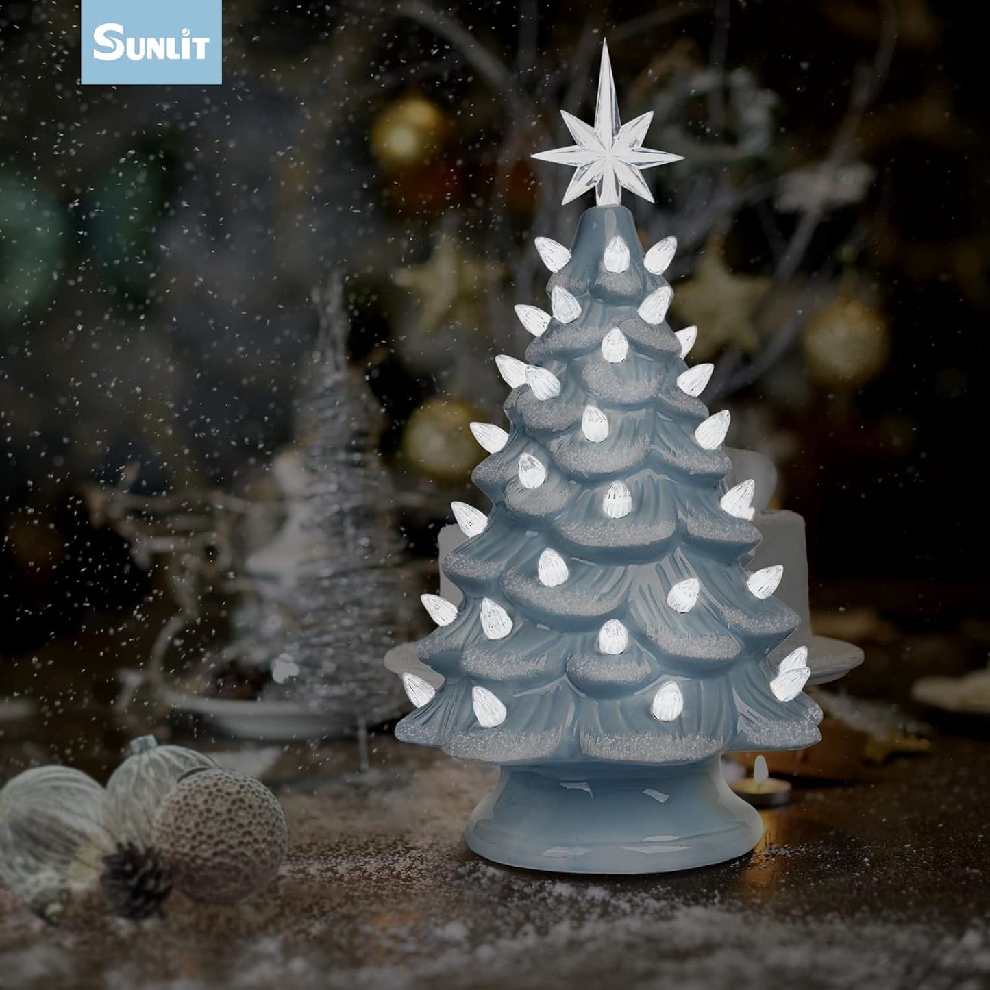 Cordless Lighted Glitter Ceramic Christmas Tree Vintage Tabletop Christmas Decoration Pre-Lit Colorful Mini Light Bulbs 13'' Traditional AA Battery Operated LED - White and Light Blue