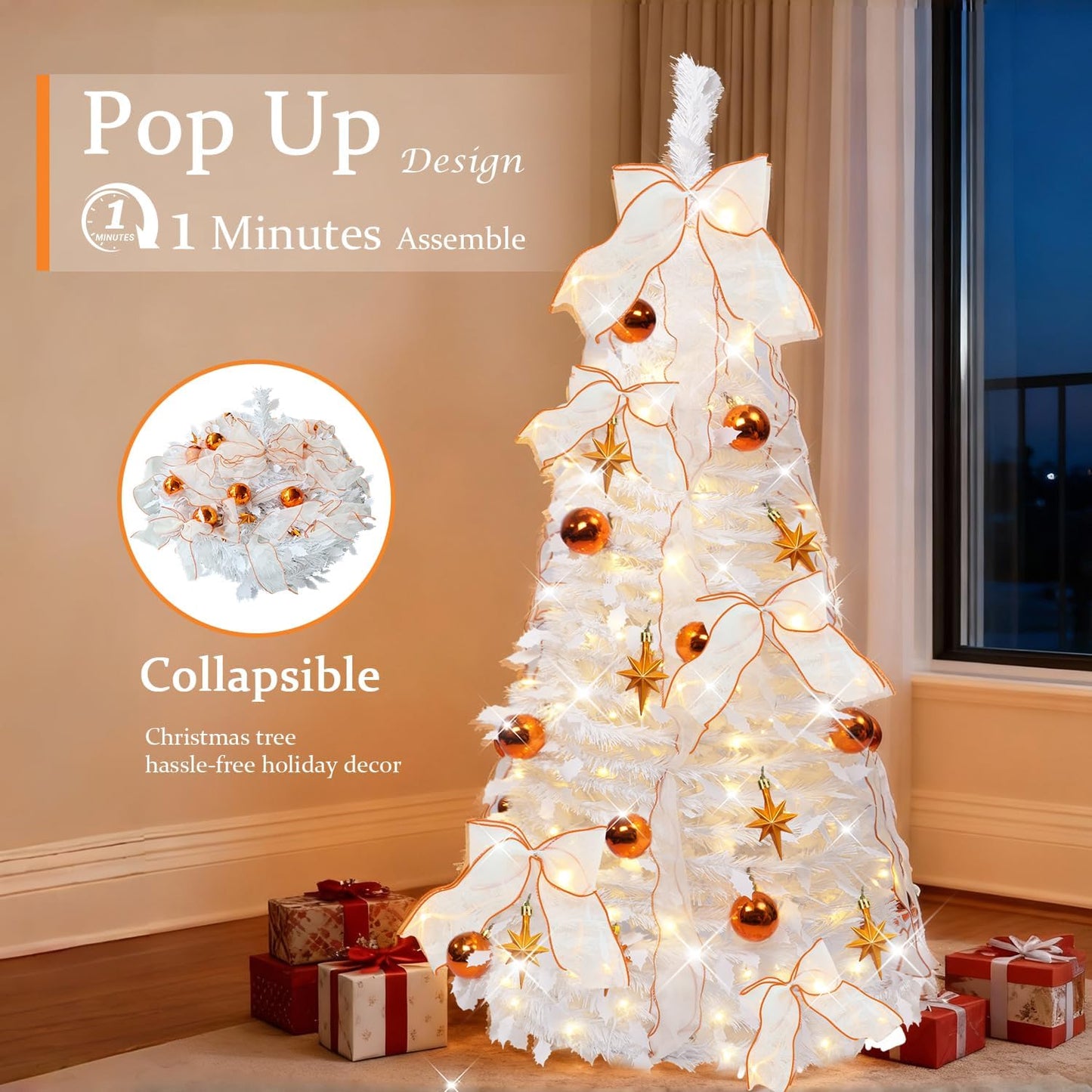 4FT Prelit Pop Up Christmas Tree, Pre-Decorated Collapsible Christmas Tree with 80 Warm White LED Lights, Foldable Artificial Tree for Easy Setup Holiday Decoration