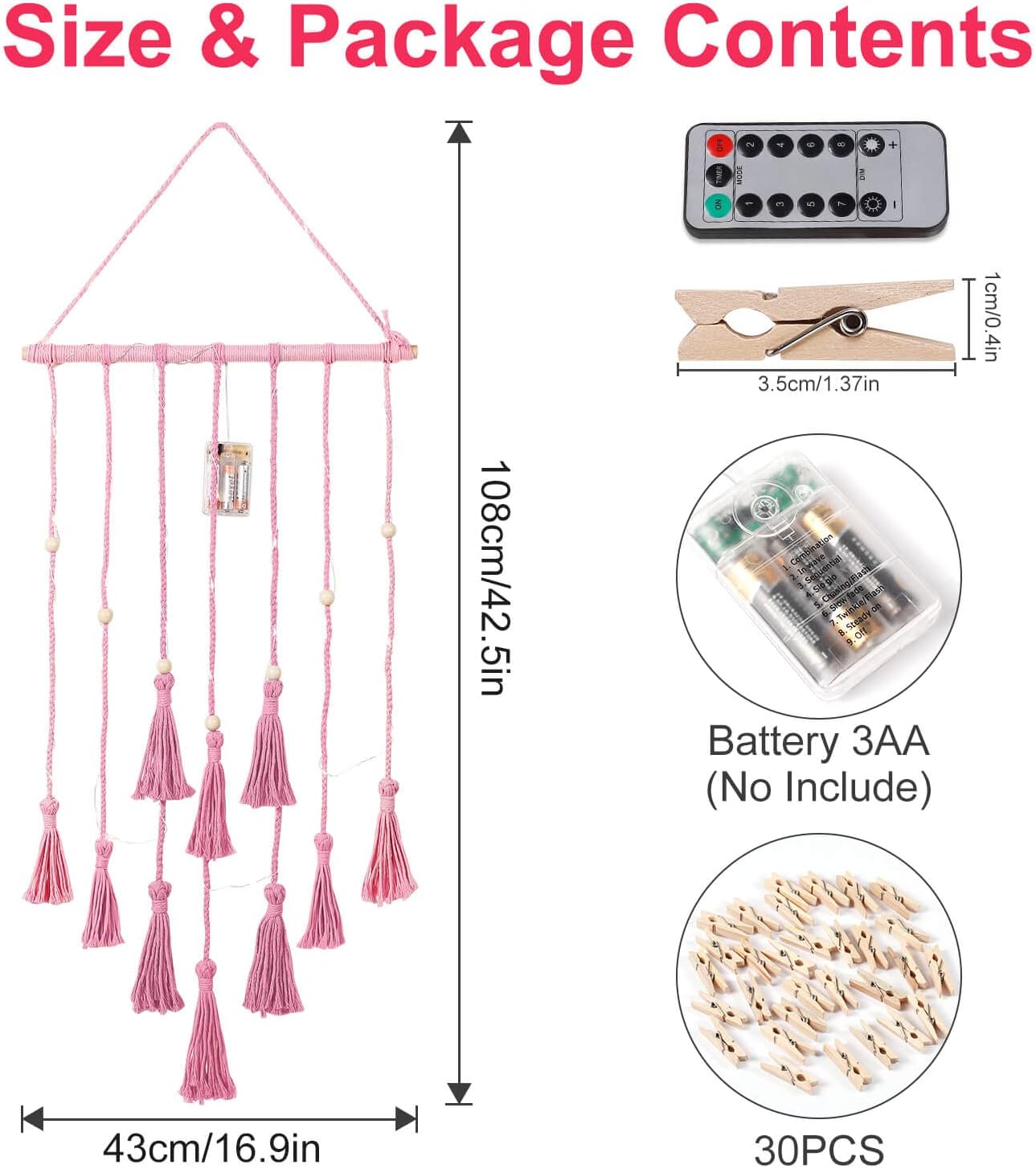 Hanging Photo Display Wall Decor, Macrame Wall Hanging Boho Room Bedroom Decor, Picture Frame Collage Board with Light 30 Clip, Christmas Gifts