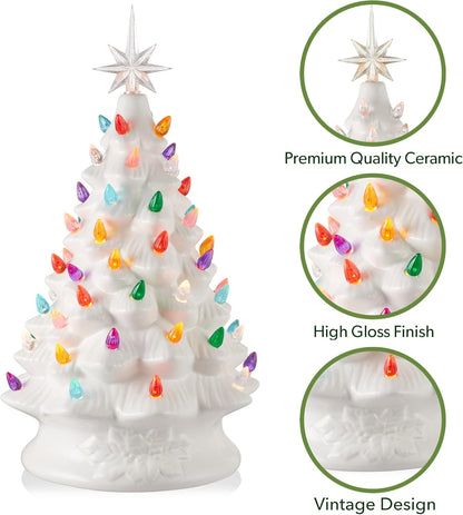 Hand Painted Ceramic Christmas Tree, Pink 15-Inch Pre-Lit Tree with 128 Multi Color Lights and 2 Star Toppers