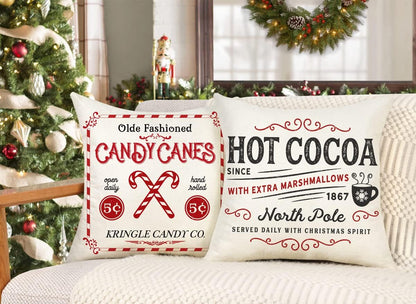Farmhouse Christmas Pillow Covers 18x18 Set of 4 Winter Holiday Decorations Xmas Rustic Throw Cushion Case for Sofa Couch Home Decor (Sleigh Rides, Farm Fresh Tree, Cocoa, Candy Canes)