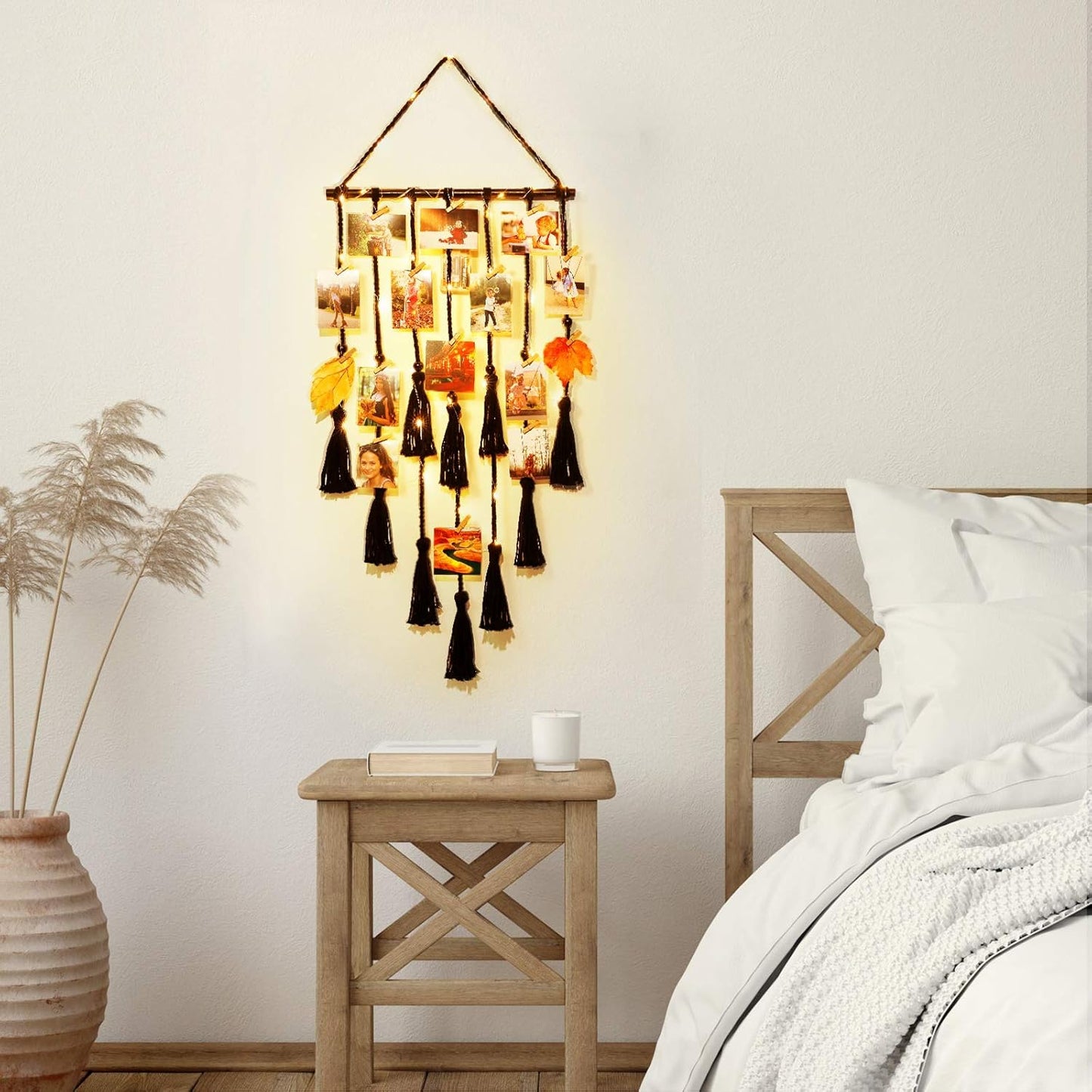 Hanging Photo Display Wall Decor, Macrame Wall Hanging Boho Room Bedroom Decor, Picture Frame Collage Board with Light 30 Clip, Christmas Gifts