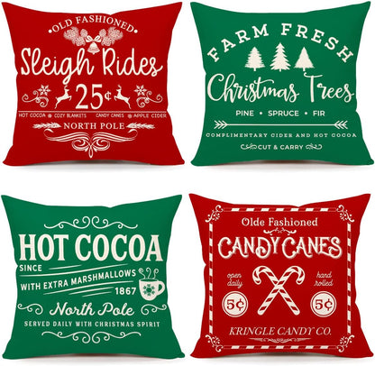Farmhouse Christmas Pillow Covers 18x18 Set of 4 Winter Holiday Decorations Xmas Rustic Throw Cushion Case for Sofa Couch Home Decor (Sleigh Rides, Farm Fresh Tree, Cocoa, Candy Canes)