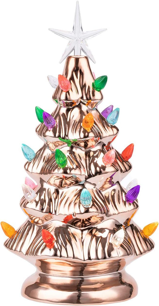 Ceramic Christmas Tree Tabletop Christmas Tree Lights with 28 Multicolored Lights and 1 Star Toppers for Table Top Desk Classic Series Xmas Decoration (Rose Gold)