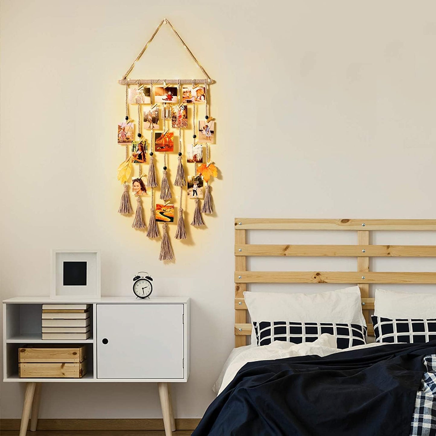 Hanging Photo Display Wall Decor, Macrame Wall Hanging Boho Room Bedroom Decor, Picture Frame Collage Board with Light 30 Clip, Christmas Gifts