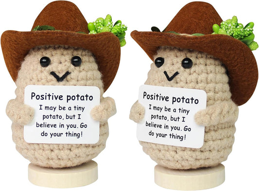 Mini Funny Positive Crochet Potato with Stand, Cute Emotional Support Potato Crochet Animals Already Made, Holiday Christmas Birthday Gifts for Women, Office Decor Cool Things