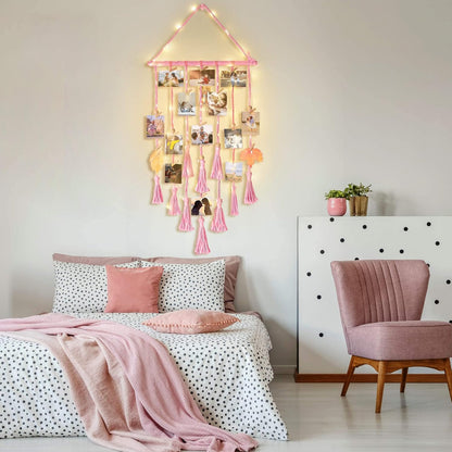 Hanging Photo Display Wall Decor, Macrame Wall Hanging Boho Room Bedroom Decor, Picture Frame Collage Board with Light 30 Clip, Christmas Gifts