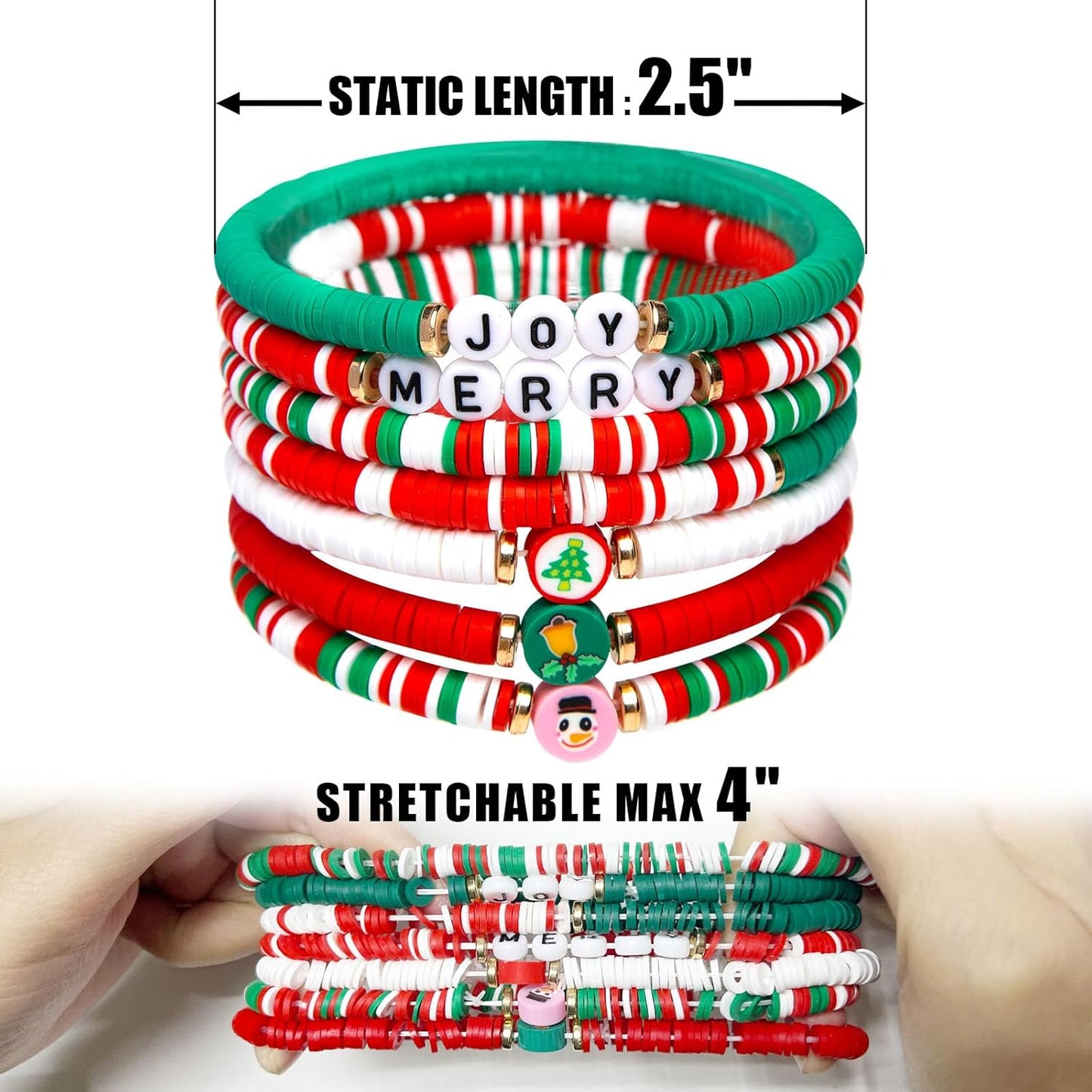 Artlunar 6 Pack Christmas Bracelets: Joy & Merry Candy-Style Stacks for Women & Teens - Perfect Christmas Gifts - Age 3 to Adult