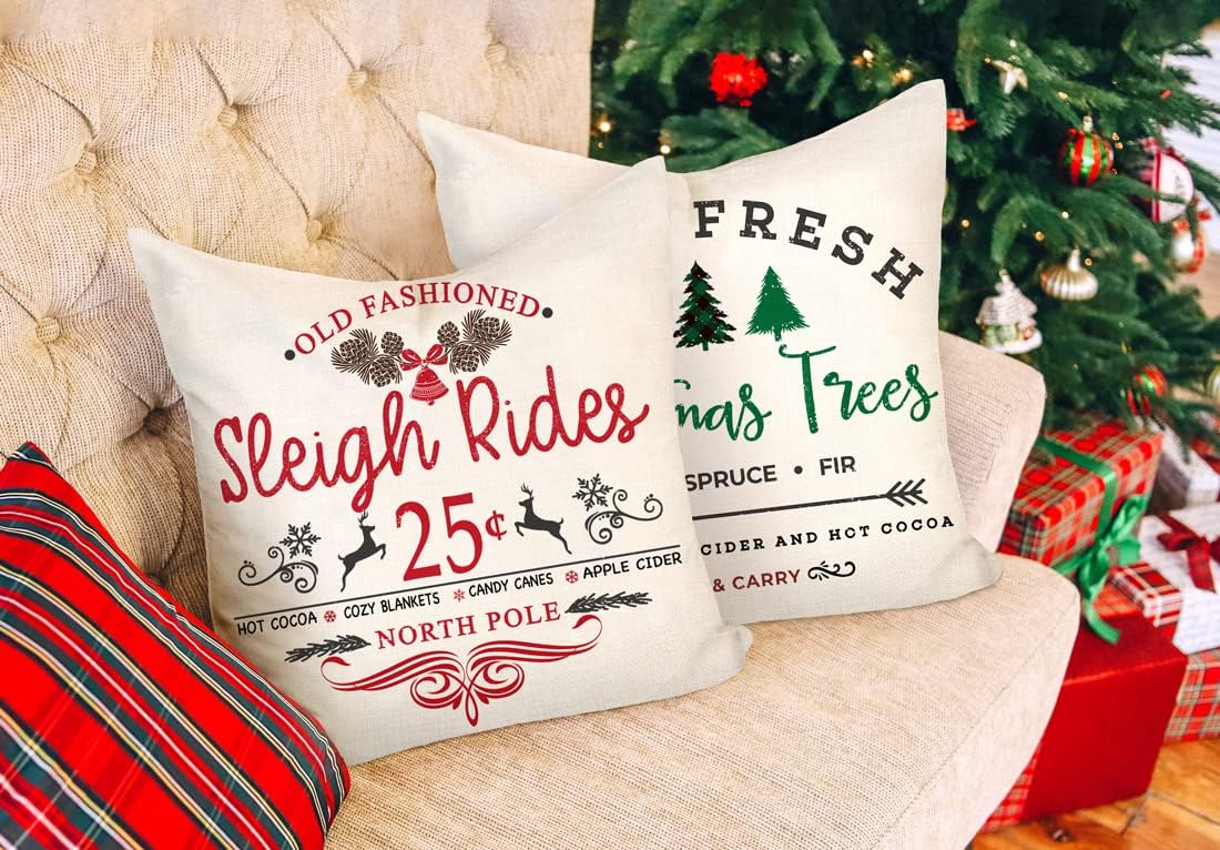 Farmhouse Christmas Pillow Covers 18x18 Set of 4 Winter Holiday Decorations Xmas Rustic Throw Cushion Case for Sofa Couch Home Decor (Sleigh Rides, Farm Fresh Tree, Cocoa, Candy Canes)