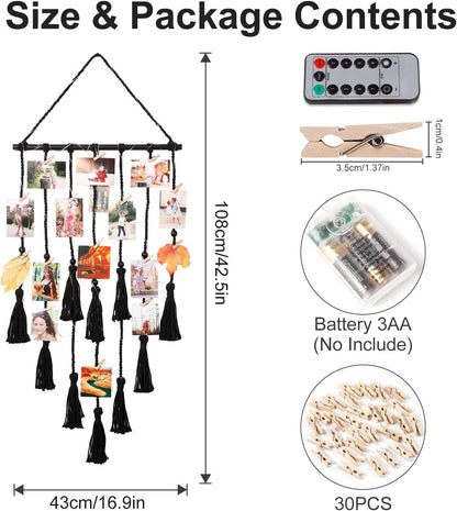 Hanging Photo Display Wall Decor, Macrame Wall Hanging Boho Room Bedroom Decor, Picture Frame Collage Board with Light 30 Clip, Christmas Gifts