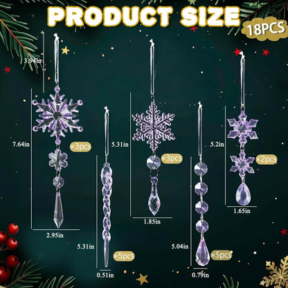 18pcs Christmas Tree Decoration Crystal Ornaments - Hanging Acrylic Christmas Snowflake Icicle Drop Crystal Ornaments for Xmas Tree Winter New Year Party Supplies
