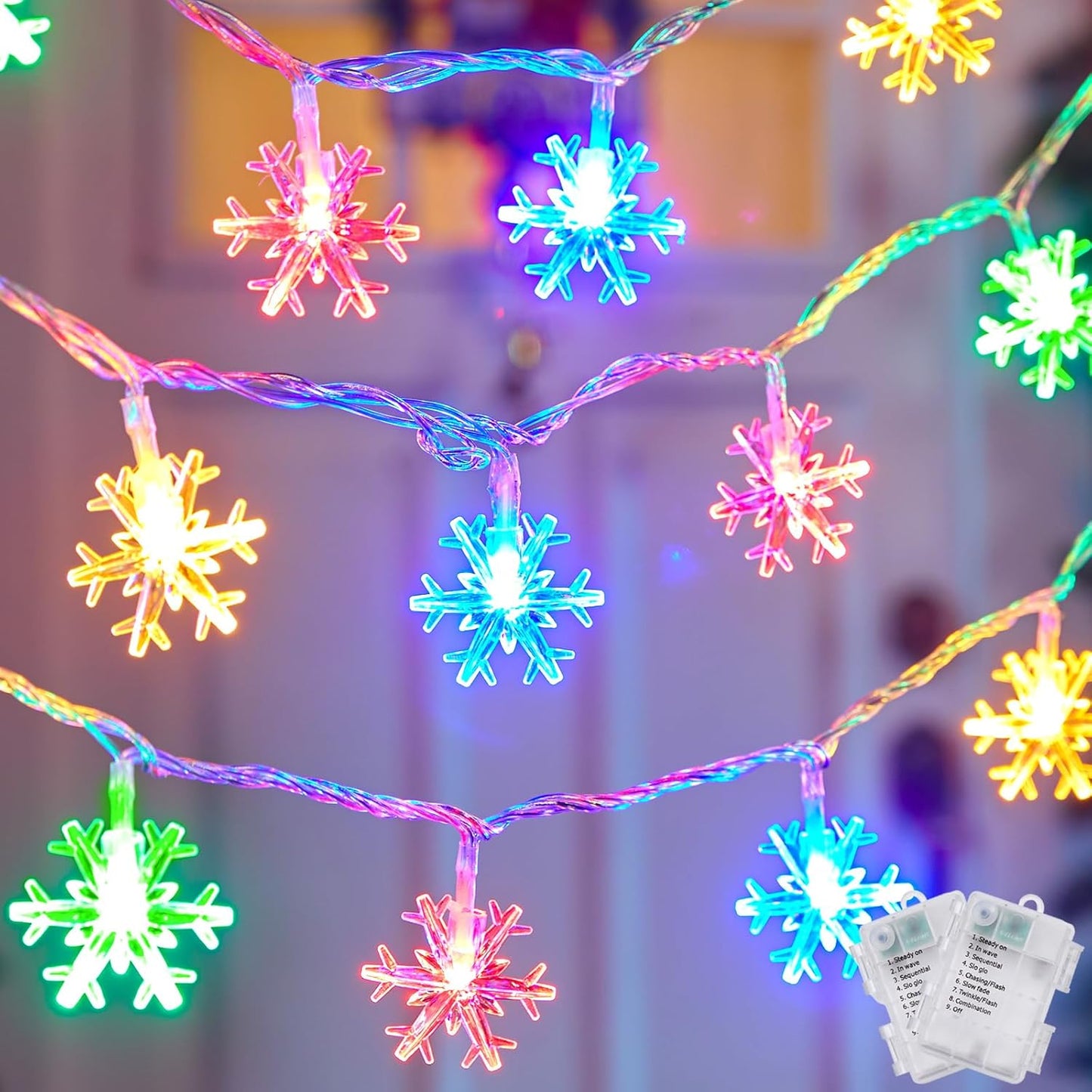 2 Pack Christmas Snowflakes Lights, 26 Ft 50 LED Snowflake String Lights Battery Operated, 8 Lighting Modes Waterproof Shatterproof Fairy Light for Bedroom Home Indoor Outdoor Xmas Christmas Decor