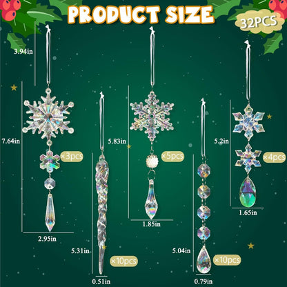 18pcs Christmas Tree Decoration Crystal Ornaments - Hanging Acrylic Christmas Snowflake Icicle Drop Crystal Ornaments for Xmas Tree Winter New Year Party Supplies