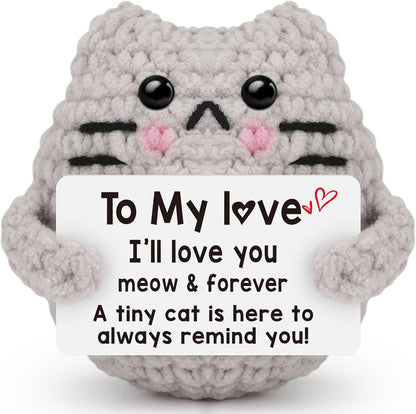 Crochet Cat Easter Basket Stuffers Positive Cat Crochet for Friend for Mom Grandma Dad Grandpa Daughter Son Gifts, Emotional Coworker Sister Brother Support Small Birthday Gifts