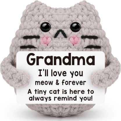 Crochet Cat Easter Basket Stuffers Positive Cat Crochet for Friend for Mom Grandma Dad Grandpa Daughter Son Gifts, Emotional Coworker Sister Brother Support Small Birthday Gifts