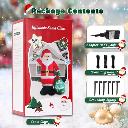 8 FT Christmas Inflatable Santa Claus with Candy and Big Gift Bag Outdoor Decor, Blow Up IP44 Weatherproof Xmas Decorations for Yard, Built-in LED Light for Gardern Lawn Indoor Winter Holiday