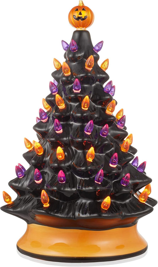 Casafield Hand-Painted Ceramic Halloween Tree, 15-Inch Pre-Lit Decoration with 128 Multi-Color Lights, Jack-O-Lantern and Star Toppers