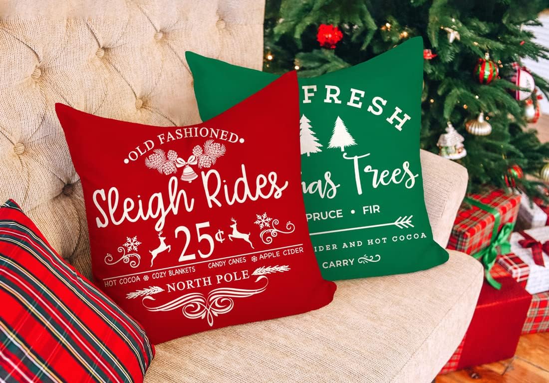 Farmhouse Christmas Pillow Covers 18x18 Set of 4 Winter Holiday Decorations Xmas Rustic Throw Cushion Case for Sofa Couch Home Decor (Sleigh Rides, Farm Fresh Tree, Cocoa, Candy Canes)