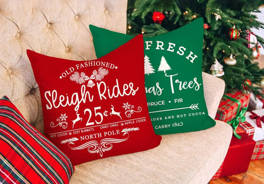 Farmhouse Christmas Pillow Covers 18x18 Set of 4 Winter Holiday Decorations Xmas Rustic Throw Cushion Case for Sofa Couch Home Decor (Sleigh Rides, Farm Fresh Tree, Cocoa, Candy Canes)
