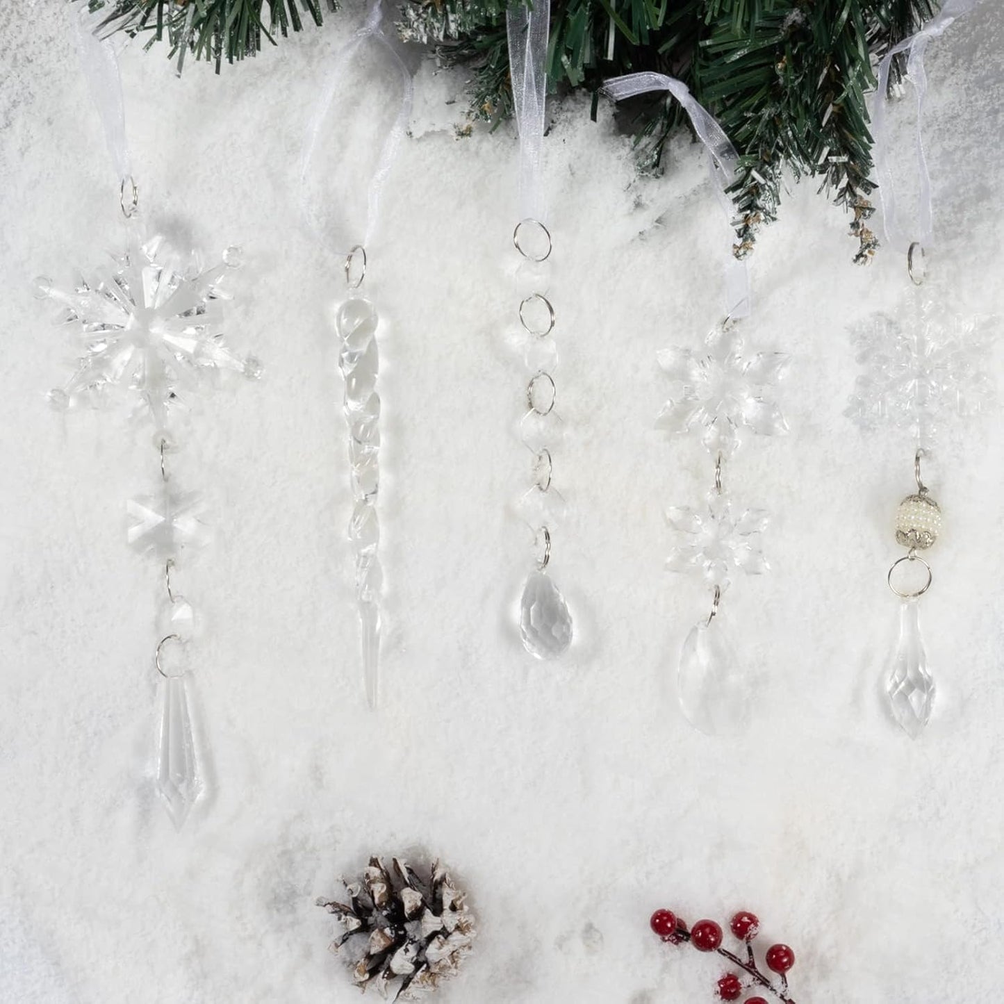 18pcs Christmas Tree Decoration Crystal Ornaments - Hanging Acrylic Christmas Snowflake Icicle Drop Crystal Ornaments for Xmas Tree Winter New Year Party Supplies