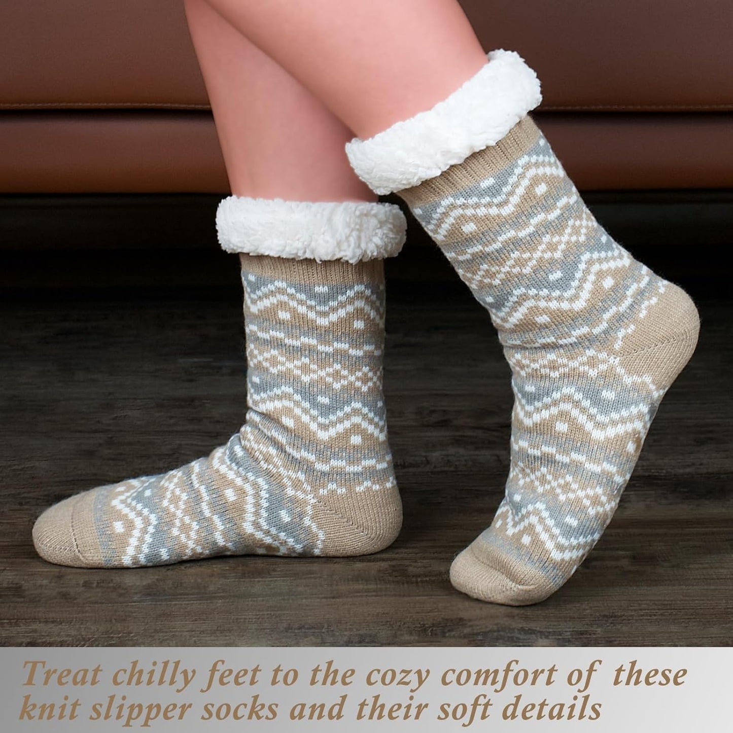 Women's Fuzzy Slipper Socks with Non-Slip Grippers, Cozy Fluffy Sherpa Lined, Cute Christmas Gifts