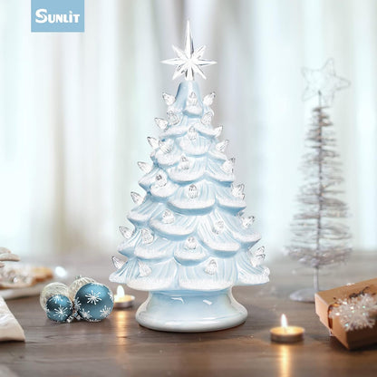 Cordless Lighted Glitter Ceramic Christmas Tree Vintage Tabletop Christmas Decoration Pre-Lit Colorful Mini Light Bulbs 13'' Traditional AA Battery Operated LED - White and Light Blue