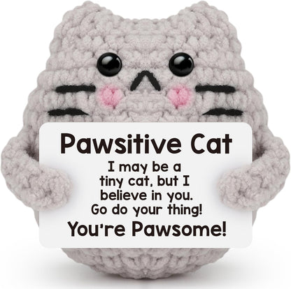 Crochet Cat Easter Basket Stuffers Positive Cat Crochet for Friend for Mom Grandma Dad Grandpa Daughter Son Gifts, Emotional Coworker Sister Brother Support Small Birthday Gifts