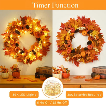 Waipfaru Fall Wreaths for Front Door - 20'' Autumn Wreath with Lights & Welcome Sign & Timer Function, Fall Leaf Reef Farmhouse Thanksgiving Decor for Outdoor Porch Patio