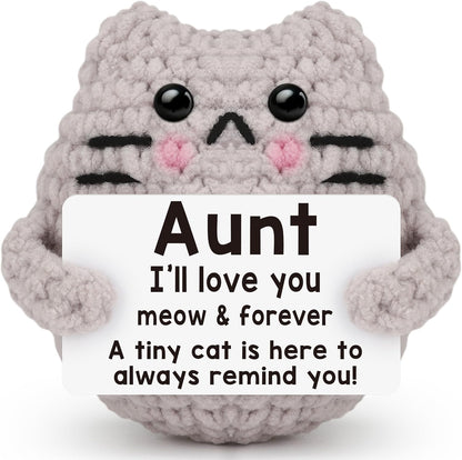 Crochet Cat Easter Basket Stuffers Positive Cat Crochet for Friend for Mom Grandma Dad Grandpa Daughter Son Gifts, Emotional Coworker Sister Brother Support Small Birthday Gifts