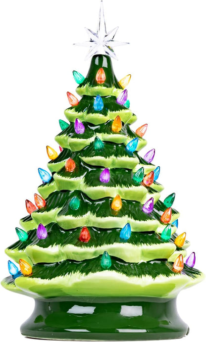 Christmas is Forever Lighted Tabletop Ceramic Christmas Tree, 16 Inch Green Tree with Multicolored Lights