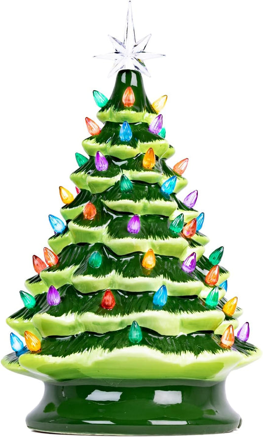 Christmas is Forever Lighted Tabletop Ceramic Christmas Tree, 16 Inch Green Tree with Multicolored Lights