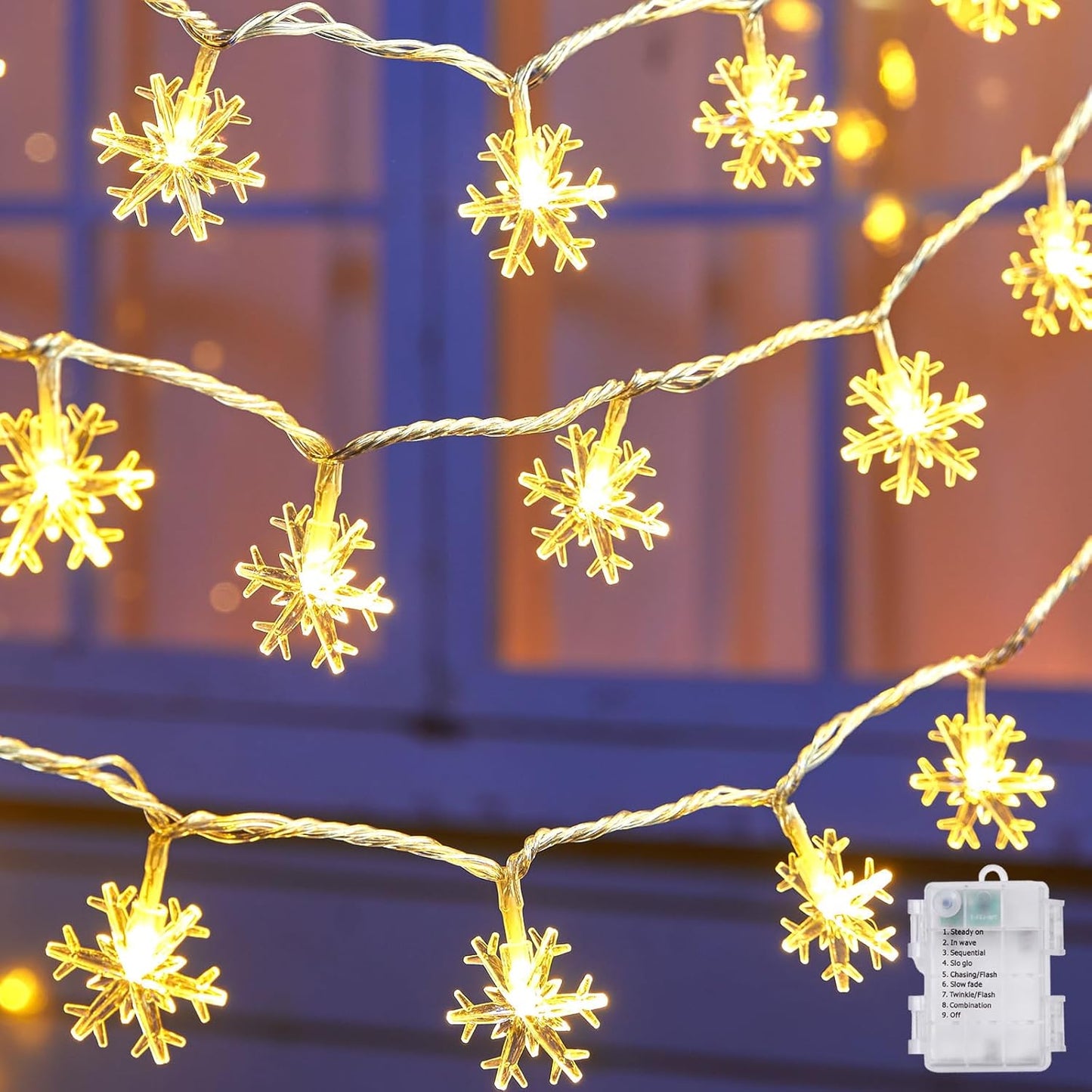 2 Pack Christmas Snowflakes Lights, 26 Ft 50 LED Snowflake String Lights Battery Operated, 8 Lighting Modes Waterproof Shatterproof Fairy Light for Bedroom Home Indoor Outdoor Xmas Christmas Decor