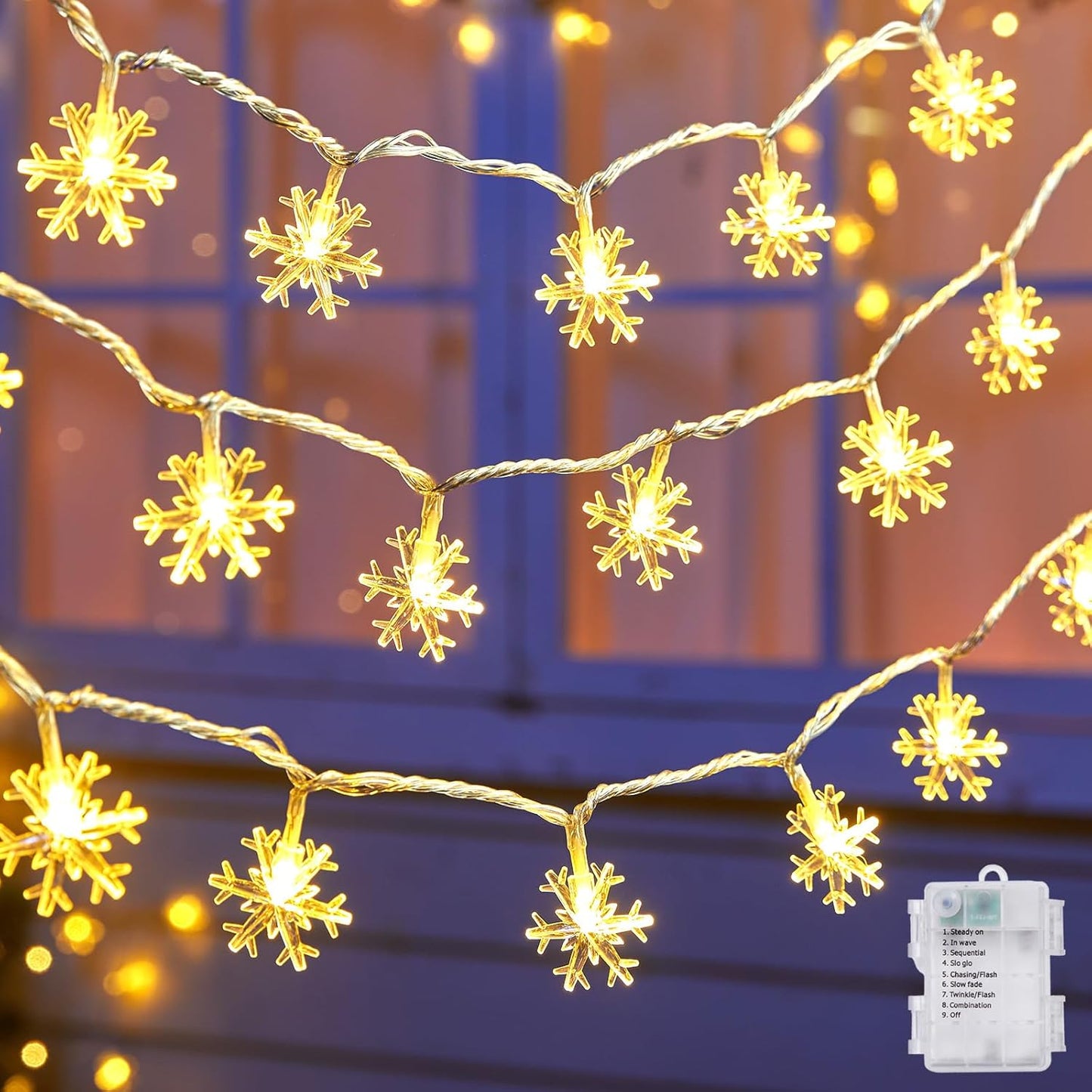 2 Pack Christmas Snowflakes Lights, 26 Ft 50 LED Snowflake String Lights Battery Operated, 8 Lighting Modes Waterproof Shatterproof Fairy Light for Bedroom Home Indoor Outdoor Xmas Christmas Decor