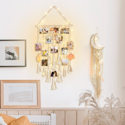 Hanging Photo Display Wall Decor, Macrame Wall Hanging Boho Room Bedroom Decor, Picture Frame Collage Board with Light 30 Clip, Christmas Gifts